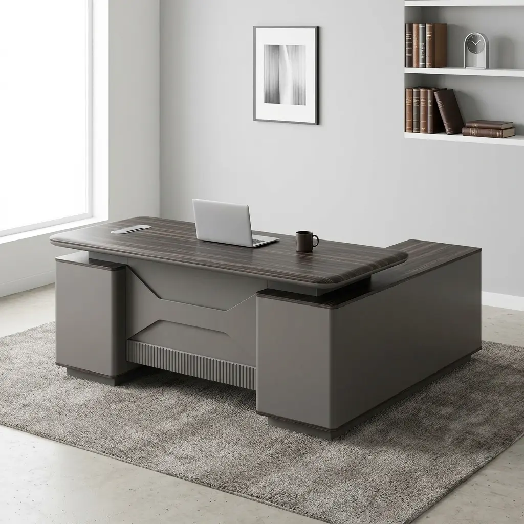 Modern 1.6m executive office table featuring a floating-top dark grey wood-grain desktop with rounded edges, dual cable management grommets, sculpted matte charcoal modesty panel with geometric X-embossing and lower slatted texture, and an L-shaped side return credenza supported by sturdy block corner pedestals.