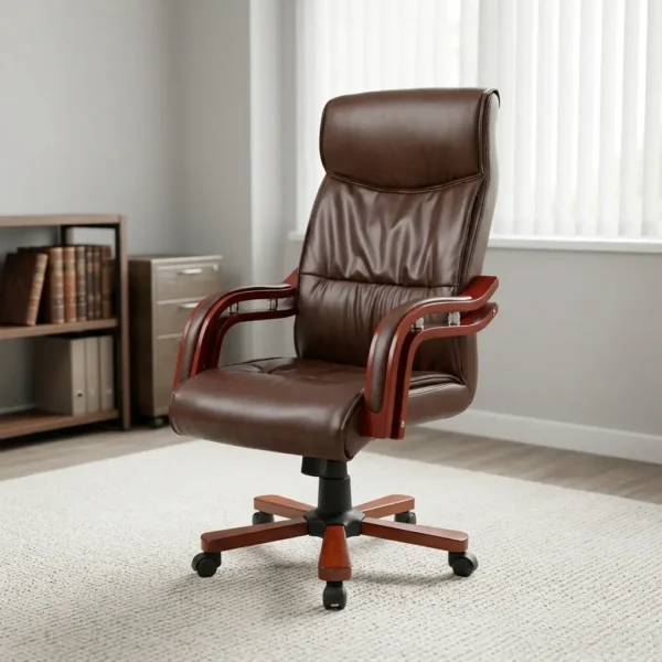 Brown leather executive chair featuring plush deep-brown leather upholstery with ergonomic tiered back padding, contoured headrest cushion, curved mahogany-finished wood armrests with padded leather top rests and metallic accent posts, height and tilt adjustability, and a five-star mahogany wooden base with smooth dual-wheel casters.