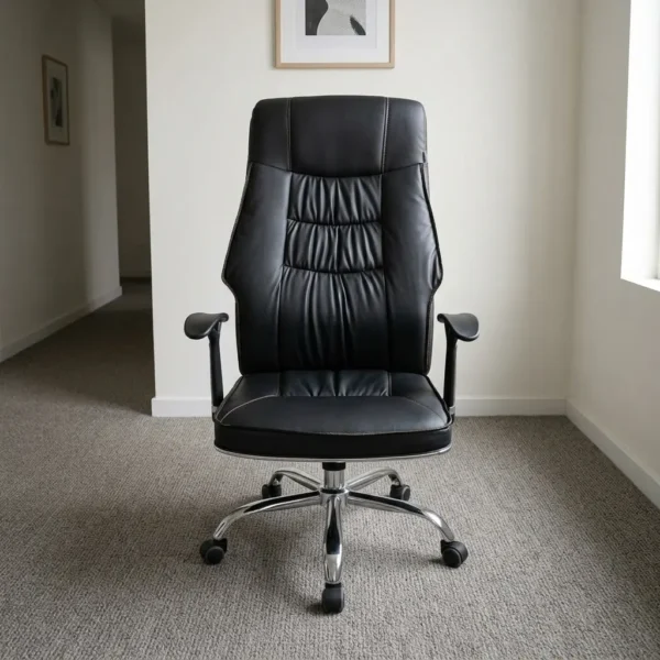 High-back leather reclining chair featuring supple black leather upholstery with central vertical gathering, light contrast stitching, ergonomic high-back support with integrated headrest, curved black T-armrests with chrome accents, pneumatic height and tilt adjustment mechanisms, and a polished chrome five-star base on smooth dual-wheel casters.