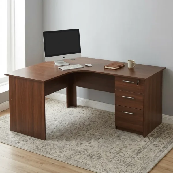 1.6m curved desk with drawers featuring a rich dark mahogany wood-grain finish, ergonomic L-shaped curved corner work surface, integrated cable management grommet, matching modesty panels, and a built-in right-hand storage pedestal with three drawers, straight silver handles, and a top-drawer key lock.