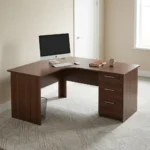 1.6m curved desk with drawers featuring a rich dark mahogany wood-grain finish, ergonomic L-shaped curved corner work surface, integrated cable management grommet, matching modesty panels, and a built-in right-hand storage pedestal with three drawers, straight silver handles, and a top-drawer key lock.