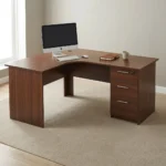 1.6m curved desk with drawers featuring a rich dark mahogany wood-grain finish, ergonomic L-shaped curved corner work surface, integrated cable management grommet, matching modesty panels, and a built-in right-hand storage pedestal with three drawers, straight silver handles, and a top-drawer key lock.