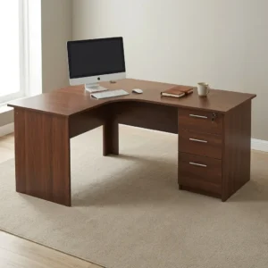 1.6m curved desk with drawers featuring a rich dark mahogany wood-grain finish, ergonomic L-shaped curved corner work surface, integrated cable management grommet, matching modesty panels, and a built-in right-hand storage pedestal with three drawers, straight silver handles, and a top-drawer key lock. 1.6m curved desk with drawers featuring a rich dark mahogany wood-grain finish, ergonomic L-shaped curved corner work surface, integrated cable management grommet, matching modesty panels, and a built-in right-hand storage pedestal with three drawers, straight silver handles, and a top-drawer key lock.