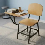 Wooden student study chair featuring light natural oak plywood seat and backrest panels, an attached right-hand tablet writing desk with rounded corners, a tubular black metal frame, and an under-seat wire mesh book basket.