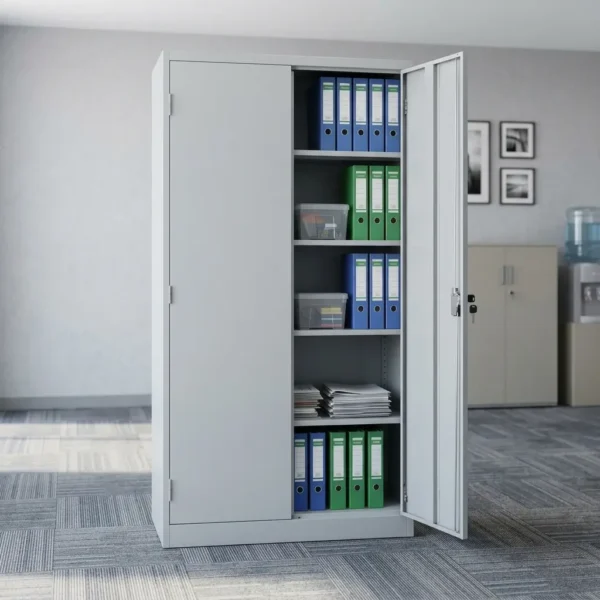 2-door metal file cabinet featuring full-height double doors with a central key lock handle, opening to reveal five spacious interior shelving compartments, built from durable powder-coated steel with reinforced door panels.