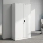 Lockable office filing cabinet featuring full-height double steel doors with a recessed black key-lock handle system, opening to five spacious internal storage shelves, built from durable light grey powder-coated metal.