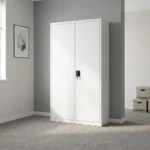 Lockable office filing cabinet featuring full-height double steel doors with a recessed black key-lock handle system, opening to five spacious internal storage shelves, built from durable light grey powder-coated metal.