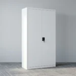 Lockable office filing cabinet featuring full-height double steel doors with a recessed black key-lock handle system, opening to five spacious internal storage shelves, built from durable light grey powder-coated metal.