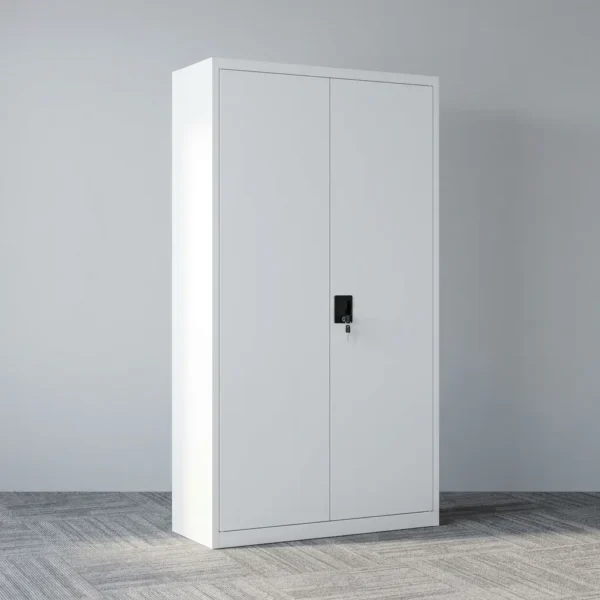 Lockable office filing cabinet featuring full-height double steel doors with a recessed black key-lock handle system, opening to five spacious internal storage shelves, built from durable light grey powder-coated metal.