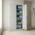 Lockable office filing cabinet featuring full-height double steel doors with a recessed black key-lock handle system, opening to five spacious internal storage shelves, built from durable light grey powder-coated metal.