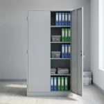 Lockable office filing cabinet featuring full-height double steel doors with a recessed black key-lock handle system, opening to five spacious internal storage shelves, built from durable light grey powder-coated metal.
