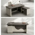 Spacious 1.6m office table featuring a two-tone grey wood-grain and cream laminate surface with rounded edges, a rectangular cable management outlet, an L-shaped side return credenza with open shelving and lockable drawers, and a decorative front modesty panel with a distinctive wave-pattern accent.