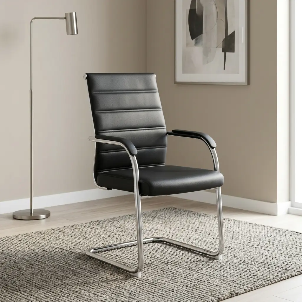 Ergonomic leather visitor chair featuring sleek black leatherette upholstery with horizontal ribbed channeling, padded fixed armrests with black arm sleeves, and a sturdy chrome-plated steel cantilever sled base with protective floor glides.