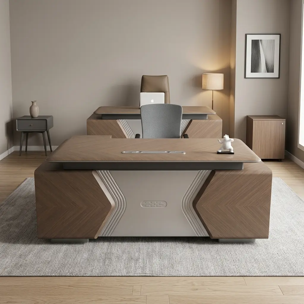 2M L-shaped executive table featuring a natural warm oak chevron-patterned floating desktop with rounded corners, a integrated aluminum cable grommet strip, a modern silver metal modesty panel with angled side fluting, thick walnut-toned chevron corner pedestals, and an L-shaped side return credenza.