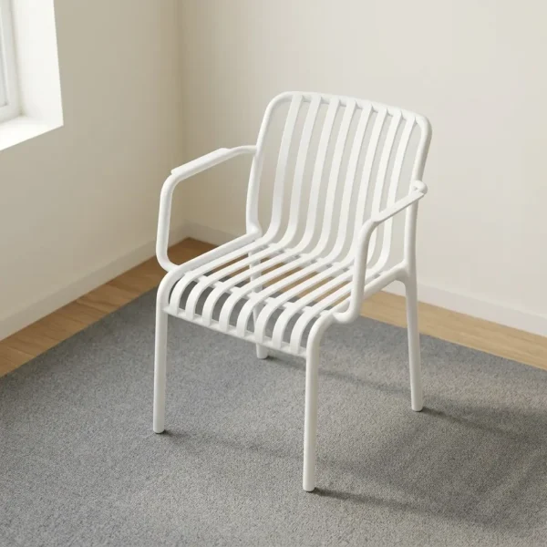 Generic stackable plastic chair featuring a clean white slatted design with contoured seat and backrest, integrated armrests, and a lightweight, weather-resistant molded frame.