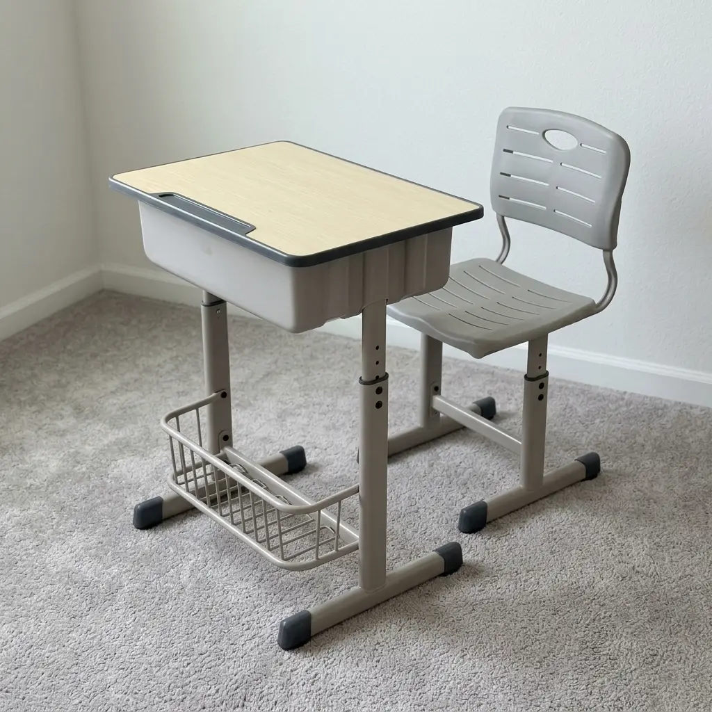 Kids desk & chair combo featuring a light wood-grain desktop with a pencil groove and grey under-desk storage box, an attached lower wire book basket, a matching ventilated grey plastic chair, and height-adjustable tubular steel frames with protective end caps.