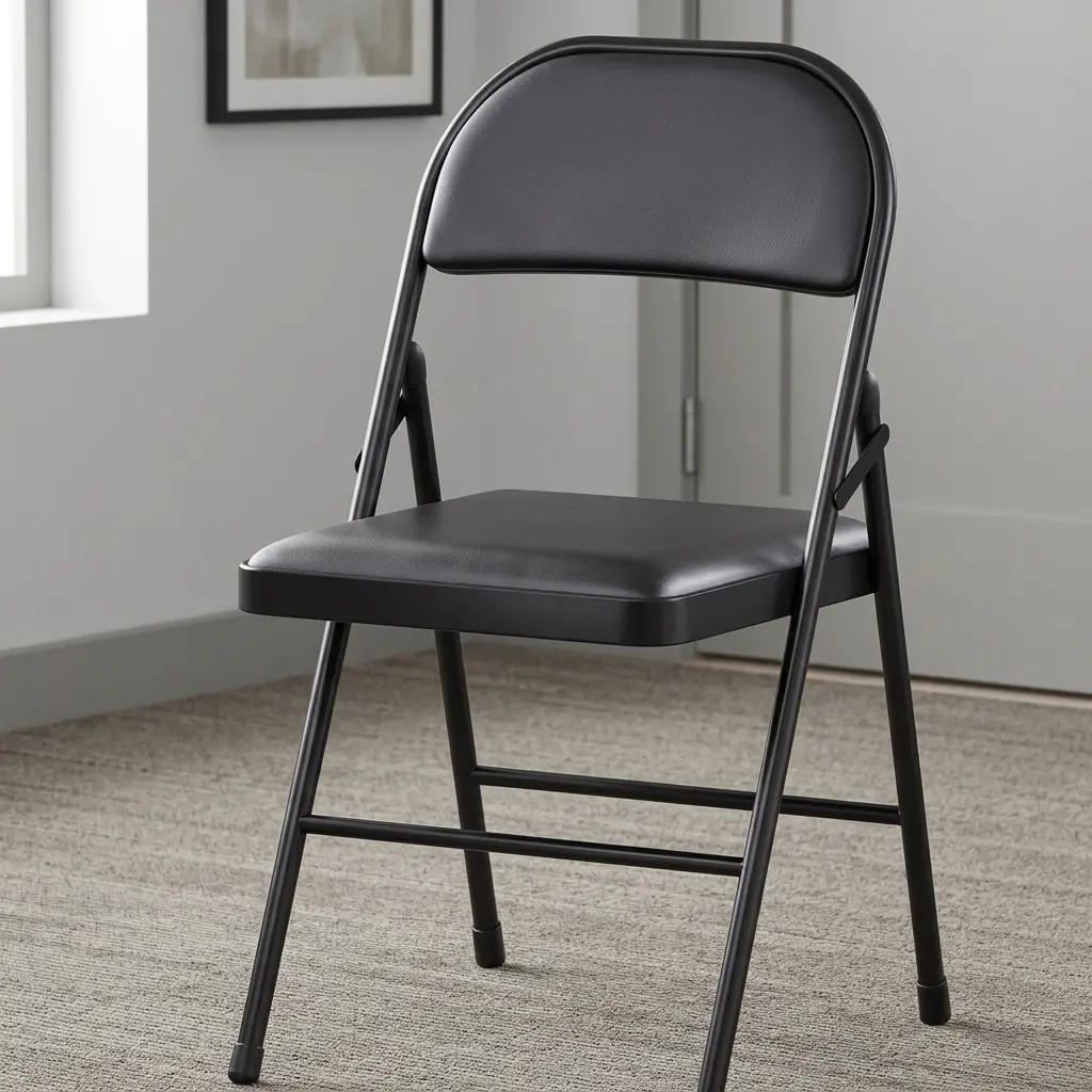 Foldable black leather chair featuring padded black leatherette seat and backrest cushions, a heavy-duty tubular steel folding frame in a dark finish, double cross-brace support bars, and non-marring floor caps.