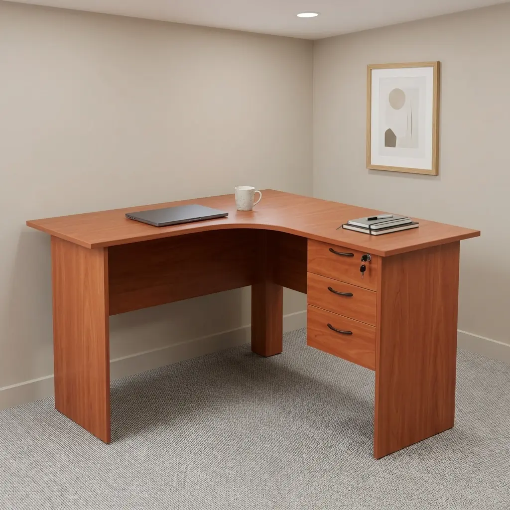 120cm curved office desk featuring a warm cherry wood-grain laminate finish, an ergonomic curved corner desktop design, an integrated three-drawer pedestal with black curved handles and top-drawer key lock, and matching modesty panels.