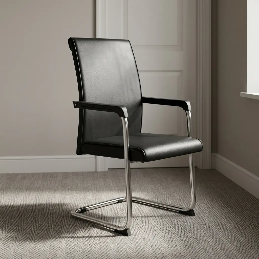 Executive office visitor's seat featuring high-back black leather upholstery, fixed armrests with textured black arm pads, and a polished chrome cantilever metal frame with black non-slip base guards.