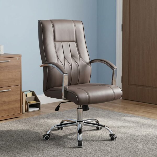 Brown mid-back leather office chair featuring rich dark brown faux leather upholstery with decorative geometric backrest stitching, padded fixed armrests with chrome frames, pneumatic height adjustment lever, and a polished chrome five-star base on smooth dual-wheel casters.