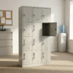 12 locker office file cabinet featuring a durable light grey metal construction, 12 individual lockable storage compartments arranged in a 3x4 grid, individual key locks, recessed silver handles, name card holders, and ventilation louvers on each door.