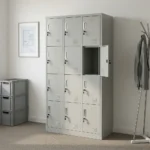 12 locker office file cabinet featuring a durable light grey metal construction, 12 individual lockable storage compartments arranged in a 3x4 grid, individual key locks, recessed silver handles, name card holders, and ventilation louvers on each door.