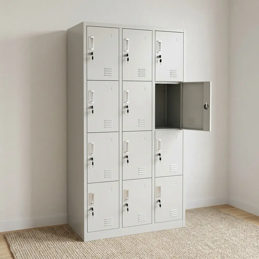 12 locker office file cabinet featuring a durable light grey metal construction, 12 individual lockable storage compartments arranged in a 3x4 grid, individual key locks, recessed silver handles, name card holders, and ventilation louvers on each door. 12 locker office file cabinet featuring a durable light grey metal construction, 12 individual lockable storage compartments arranged in a 3x4 grid, individual key locks, recessed silver handles, name card holders, and ventilation louvers on each door.
