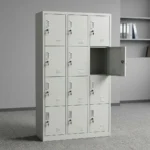 12 locker office file cabinet featuring a durable light grey metal construction, 12 individual lockable storage compartments arranged in a 3x4 grid, individual key locks, recessed silver handles, name card holders, and ventilation louvers on each door.