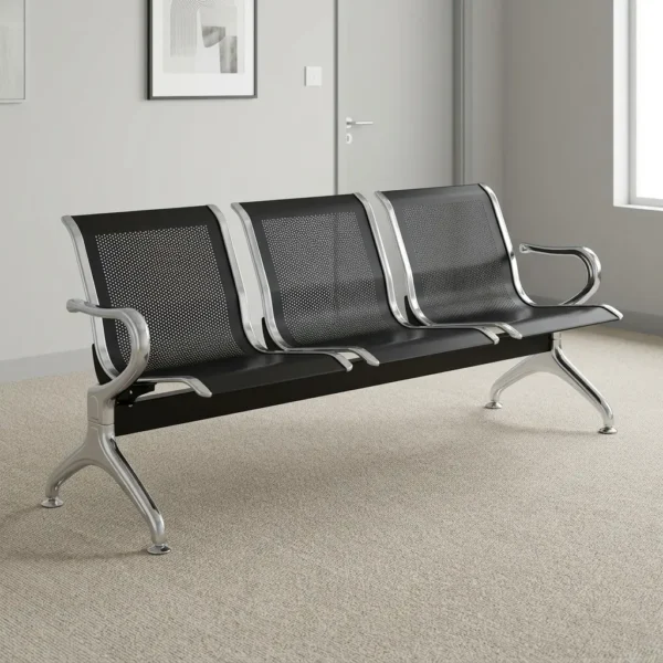 Steel 3-seater waiting bench featuring three contoured, perforated metal seats in a sleek black finish, chrome trim accents, an integrated steel beam frame, side armrests, and polished chrome legs with adjustable leveling feet.
