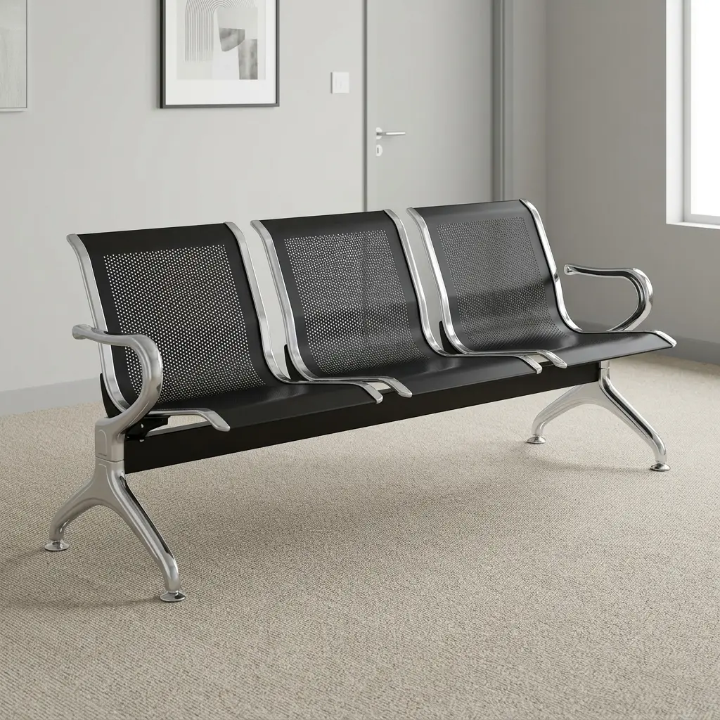 Steel 3-seater waiting bench featuring three contoured, perforated metal seats in a sleek black finish, chrome trim accents, an integrated steel beam frame, side armrests, and polished chrome legs with adjustable leveling feet.