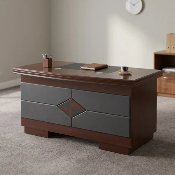 120cm executive office table featuring a rich mahogany wood-grain finish, an inlaid black leather writing pad, integrated cable management grommets, a pull-out keyboard tray, a left-hand three-drawer pedestal, a right-hand storage cabinet with crescent recessed handles, and a decorative black and mahogany diamond-pattern front modesty panel.
