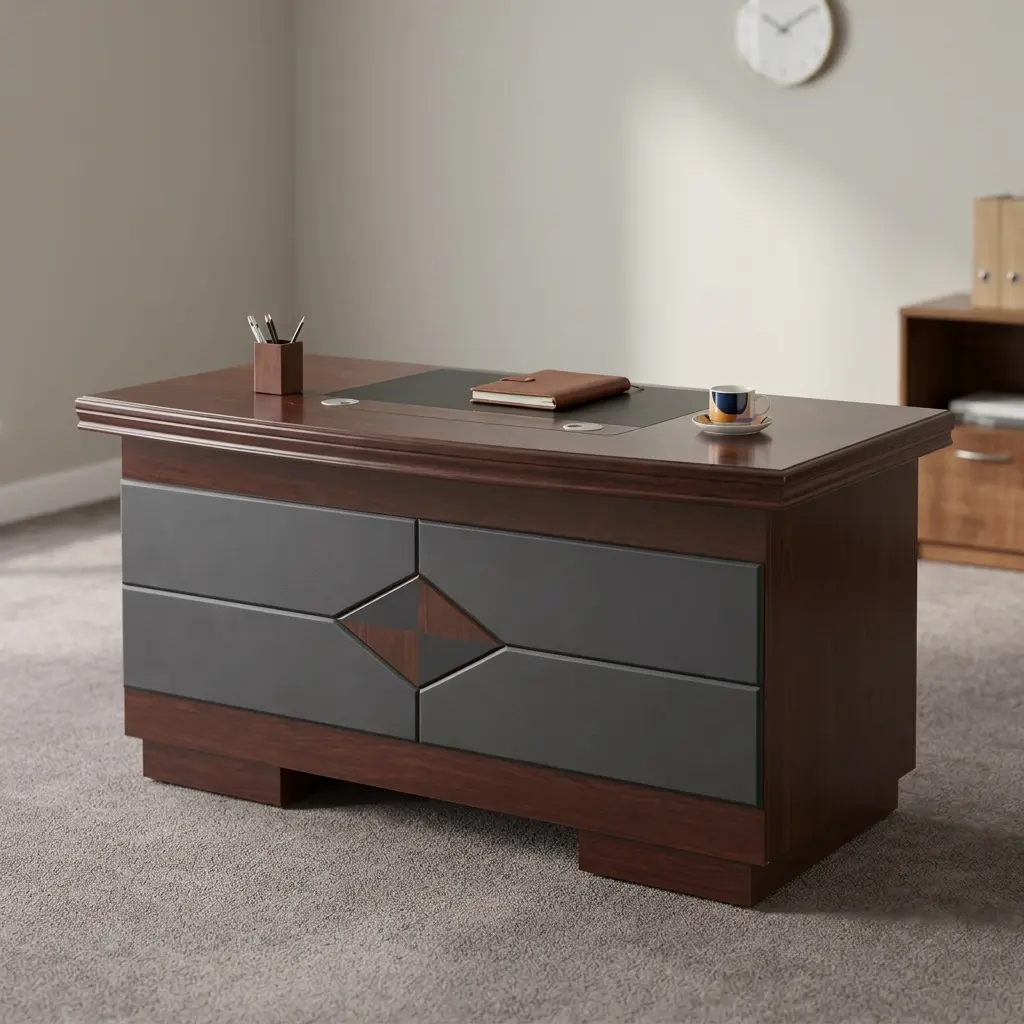 120cm executive office table featuring a rich mahogany wood-grain finish, an inlaid black leather writing pad, integrated cable management grommets, a pull-out keyboard tray, a left-hand three-drawer pedestal, a right-hand storage cabinet with crescent recessed handles, and a decorative black and mahogany diamond-pattern front modesty panel.