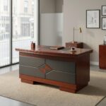 120cm executive office table featuring a rich mahogany wood-grain finish, an inlaid black leather writing pad, integrated cable management grommets, a pull-out keyboard tray, a left-hand three-drawer pedestal, a right-hand storage cabinet with crescent recessed handles, and a decorative black and mahogany diamond-pattern front modesty panel.