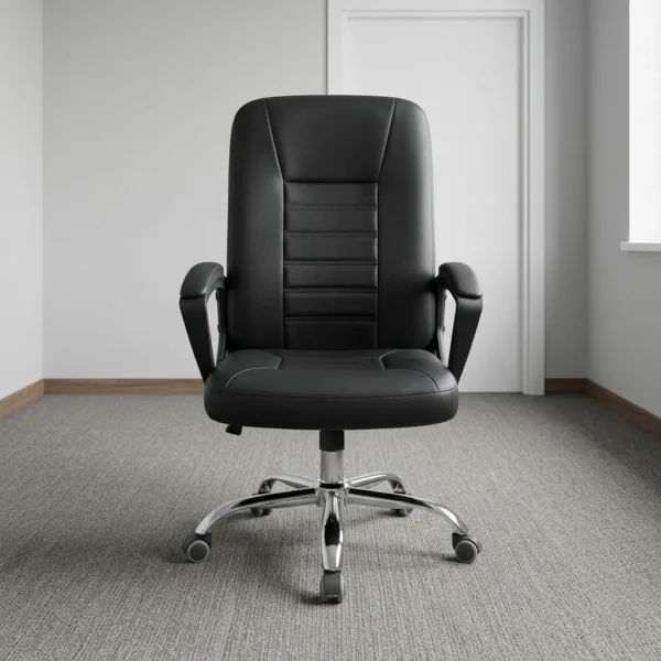 Mid-back leather executive chair featuring sleek black faux leather upholstery with horizontal segmented backrest stitching, padded black loop armrests, pneumatic height adjustment mechanism, and a heavy-duty chrome five-star base on smooth hooded dual-wheel casters.