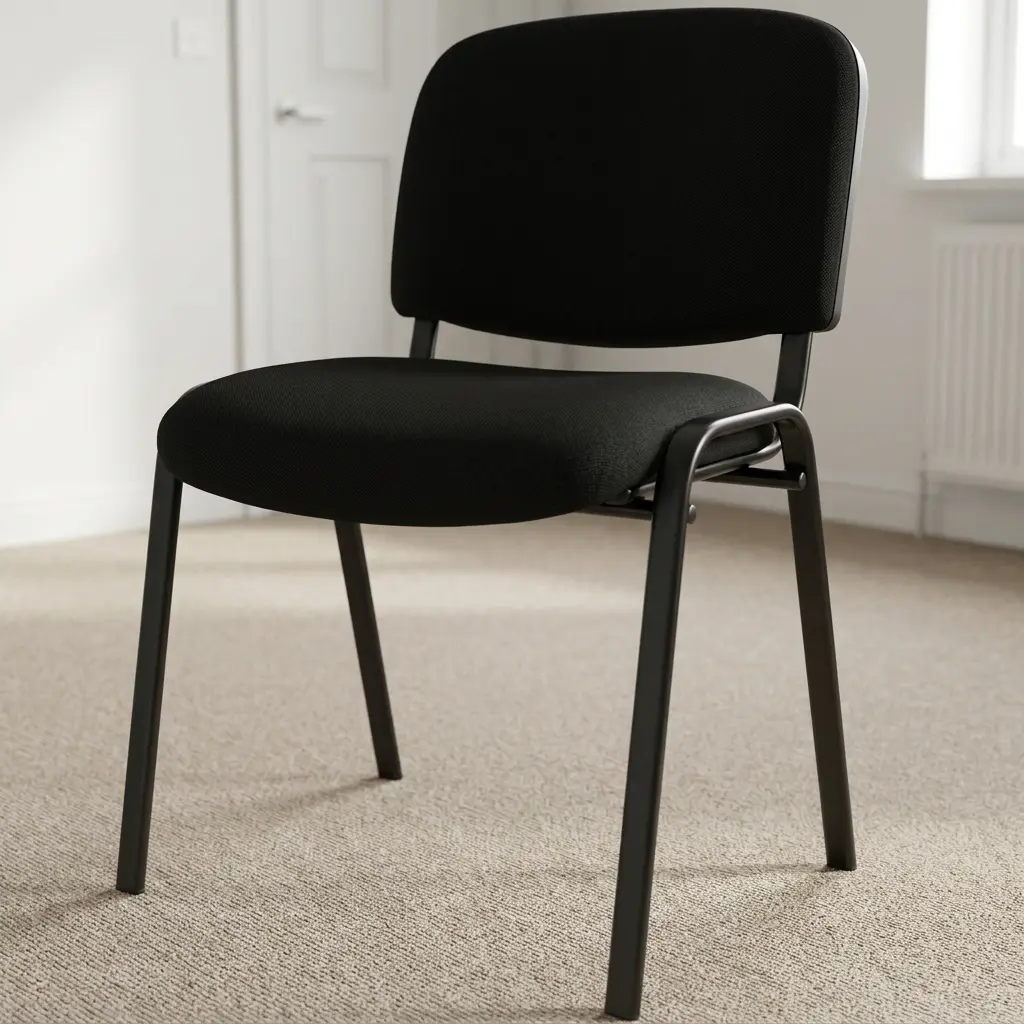 Low back fabric tosca chair featuring armless black woven fabric upholstery on a padded seat and rectangular backrest, supported by a durable black powder-coated metal tubular frame with angled legs.