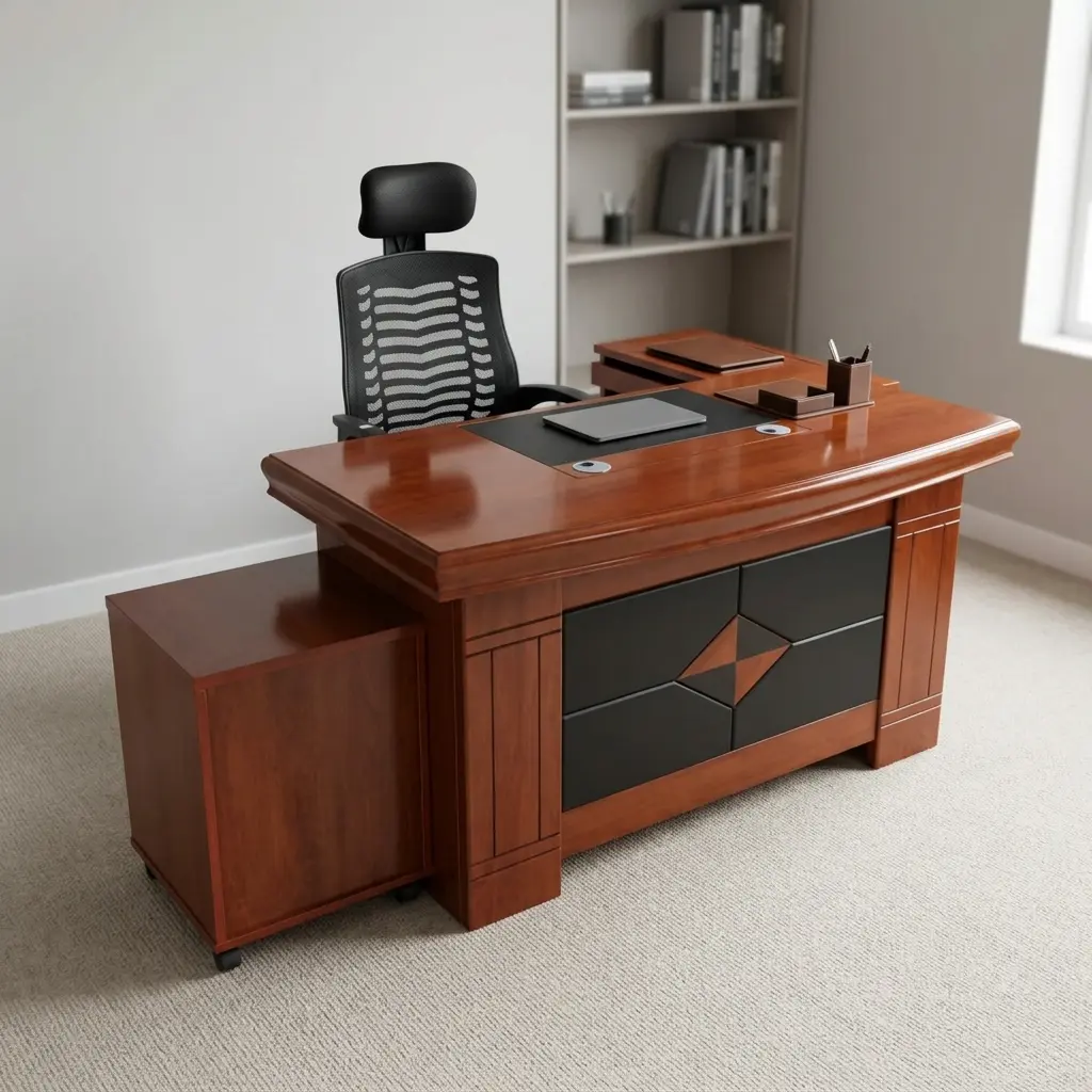 1.6m executive office table featuring a warm reddish-brown wood-grain finish, an inlaid black leather writing pad, integrated dual cable management grommets, an attached side return credenza, a mobile low-profile pedestal cabinet, and a decorative black and wood-tone diamond-pattern front modesty panel.