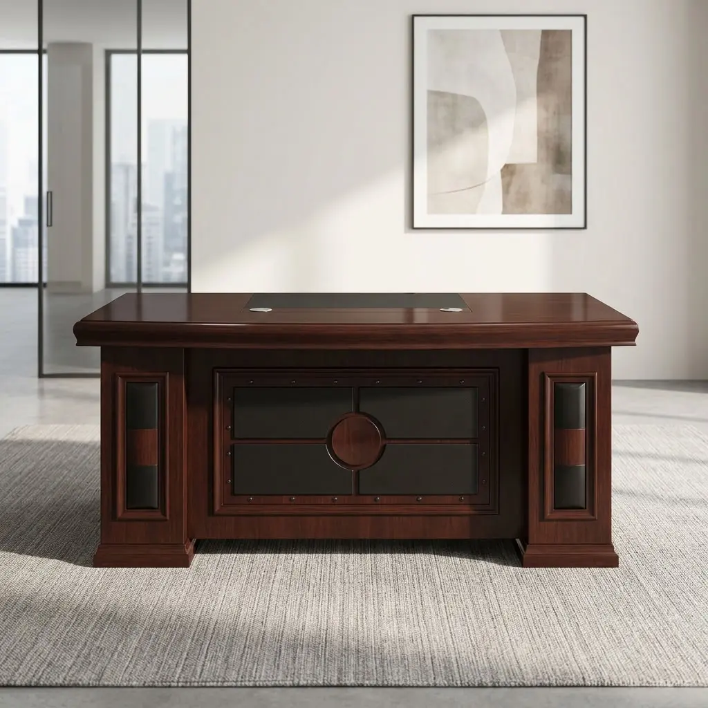 Executive 1800mm office table featuring a deep mahogany wood-grain finish, an inlaid black leather writing surface, built-in wire management grommets, an attached side return credenza, and a decorative front modesty panel with black leatherette inserts, stud detailing, and a central circular wood emblem.
