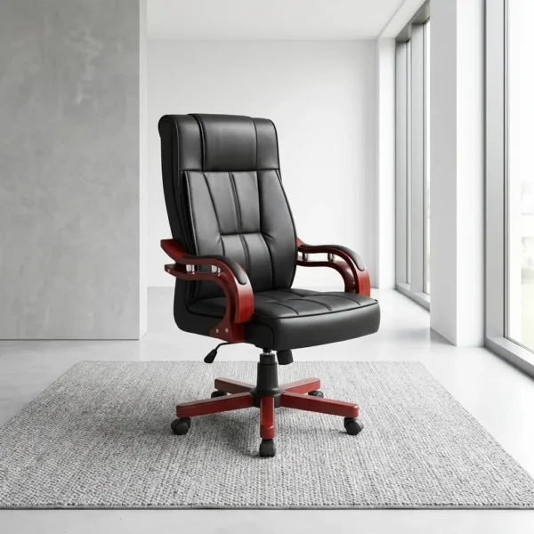 Executive chair with wooden arms featuring supple black leather upholstery, high-back ergonomic design with segmented padded panels, curved wooden armrests with chrome accents and black padded arm pads, pneumatic height adjustment lever, and a matching wooden five-star capped base on dual-wheel casters.