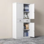 4-door metallic filing cabinet featuring white powder-coated steel construction, upper and lower double-door storage compartments with interior adjustable shelving, two central lockable drawers with silver handles, and key-lock security on all doors.