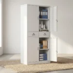 4-door metallic filing cabinet featuring white powder-coated steel construction, upper and lower double-door storage compartments with interior adjustable shelving, two central lockable drawers with silver handles, and key-lock security on all doors.