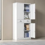 4-door steel filing cabinet featuring durable white powder-coated metal construction, upper and lower double-door storage sections with interior adjustable shelves, two central lockable drawers with silver handles, and independent key locks on each door.