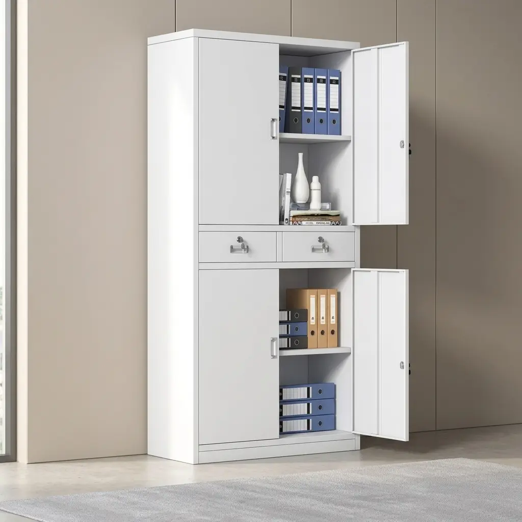 4-door steel filing cabinet featuring durable white powder-coated metal construction, upper and lower double-door storage sections with interior adjustable shelves, two central lockable drawers with silver handles, and independent key locks on each door. 4-door steel filing cabinet featuring durable white powder-coated metal construction, upper and lower double-door storage sections with interior adjustable shelves, two central lockable drawers with silver handles, and independent key locks on each door.