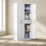 4-door steel filing cabinet featuring durable white powder-coated metal construction, upper and lower double-door storage sections with interior adjustable shelves, two central lockable drawers with silver handles, and independent key locks on each door.