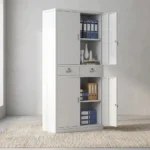 4-door steel filing cabinet featuring durable white powder-coated metal construction, upper and lower double-door storage sections with interior adjustable shelves, two central lockable drawers with silver handles, and independent key locks on each door.