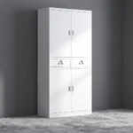 4-door metallic filing cabinet featuring white powder-coated steel construction, upper and lower double-door storage compartments with interior adjustable shelving, two central lockable drawers with silver handles, and key-lock security on all doors.