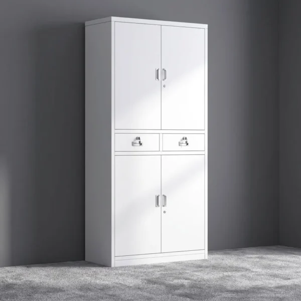 4-door metallic filing cabinet featuring white powder-coated steel construction, upper and lower double-door storage compartments with interior adjustable shelving, two central lockable drawers with silver handles, and key-lock security on all doors.