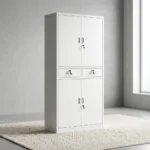 4-door steel filing cabinet featuring durable white powder-coated metal construction, upper and lower double-door storage sections with interior adjustable shelves, two central lockable drawers with silver handles, and independent key locks on each door.