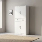 4-door steel filing cabinet featuring durable white powder-coated metal construction, upper and lower double-door storage sections with interior adjustable shelves, two central lockable drawers with silver handles, and independent key locks on each door.