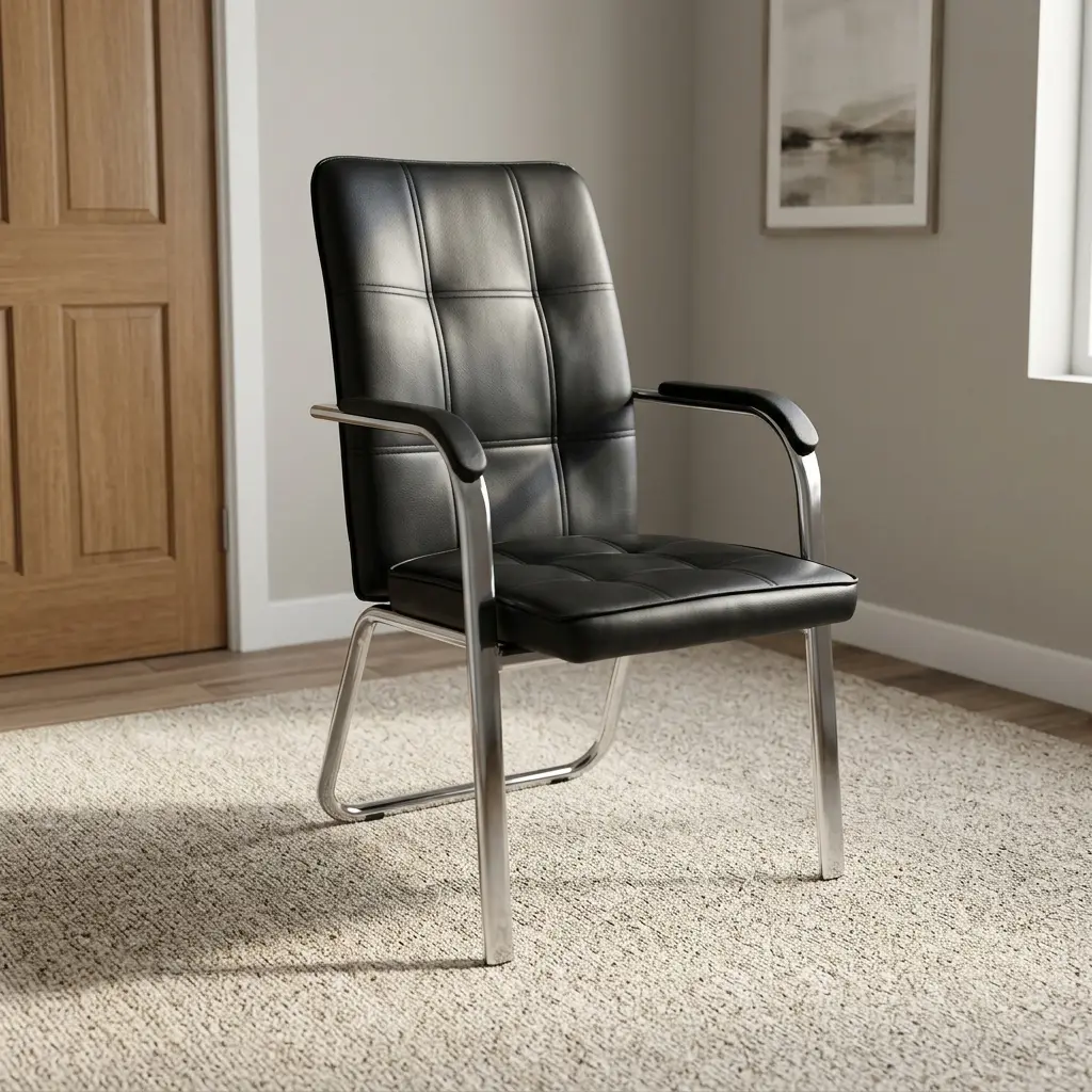 Modern leather visitor chair featuring sleek black faux leather upholstery with grid-tufted stitching on the seat and backrest, padded black armrests, and a cantilevered chrome tubular steel frame.
