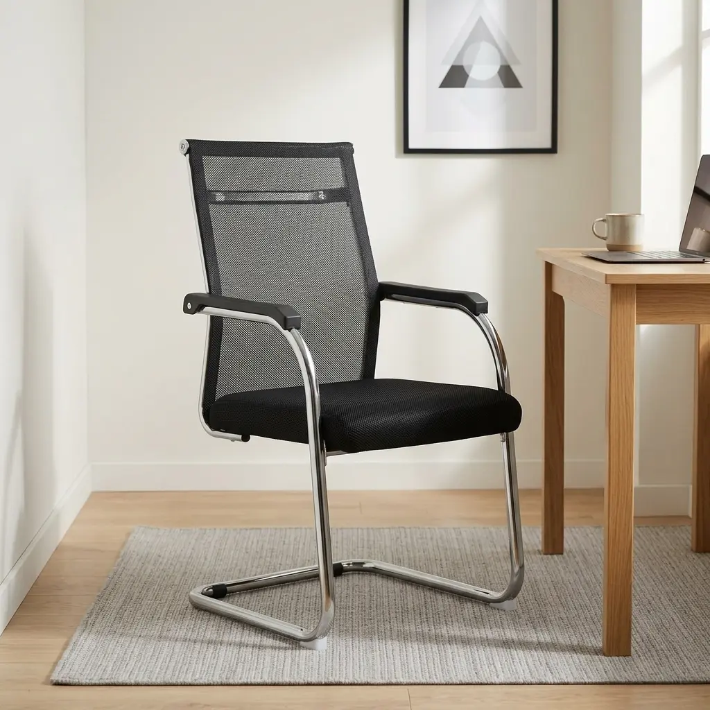 Mesh office waiting chair featuring a breathable black mesh backrest, a cushioned black fabric seat, fixed loop armrests with black arm pads, and a chrome-plated steel cantilever sled base with protective floor glides.